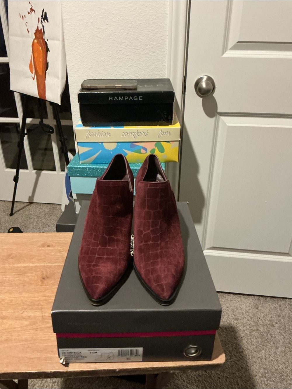 Vince Camuto Burgundy Croc-Embossed Pointed Toe Ankle Boots